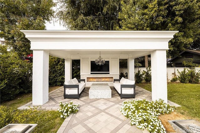 1281 E Orange Grove Blvd, Pasadena, CA 91104 - view of patio / terrace featuring an outdoor living space with a fireplace and a gazebo