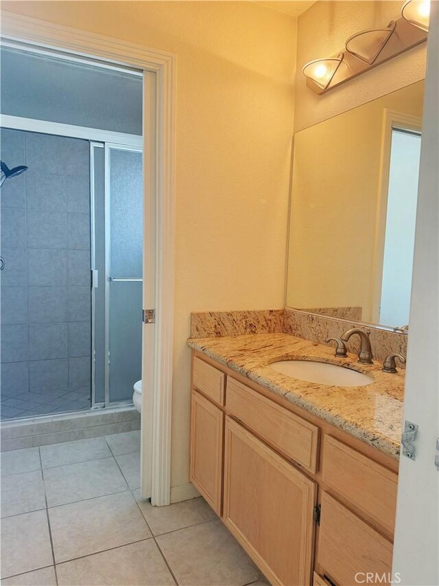8520 Bolero Dr, Yucca Valley, CA 92284 - bathroom with vanity, a shower stall, toilet, and tile patterned floors