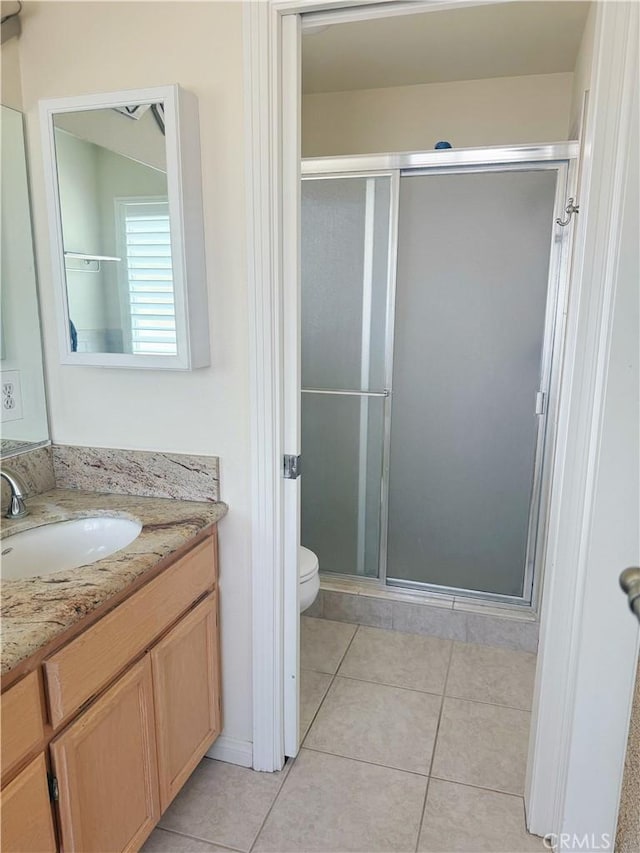 8520 Bolero Dr, Yucca Valley, CA 92284 - full bathroom featuring vanity, toilet, a stall shower, and tile patterned flooring