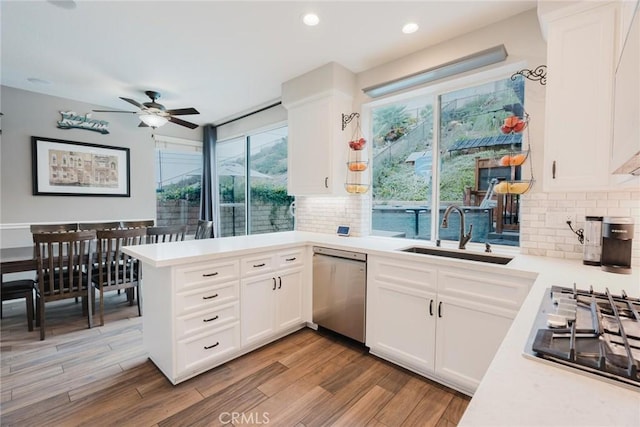 20019 Franks Way, Saugus, CA 91350 - kitchen featuring a sink, appliances with stainless steel finishes, ceiling fan, a peninsula, and light countertops