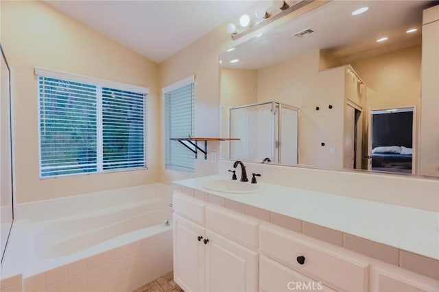 20019 Franks Way, Saugus, CA 91350 - ensuite bathroom with a bath, vanity, a shower stall, vaulted ceiling, and recessed lighting