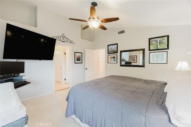 20019 Franks Way, Saugus, CA 91350 - bedroom with light colored carpet, lofted ceiling, ceiling fan, and baseboards