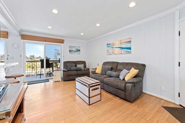 4975 Sandyland Rd Unit 302, Carpinteria, CA 93013 - living room featuring light wood-type flooring, crown molding, and recessed lighting
