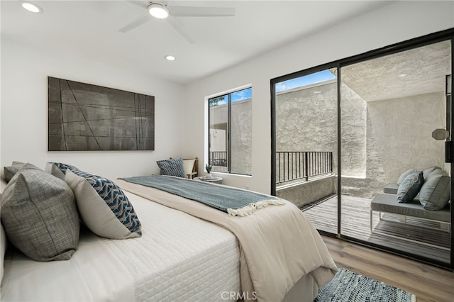 45405 Lupine Ln Unit 16, Palm Desert, CA 92260 - bedroom with access to exterior, recessed lighting, wood finished floors, and ceiling fan