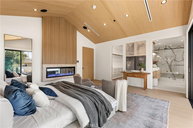 13536 Morrison St, Sherman Oaks, CA 91423 - bedroom with recessed lighting, a glass covered fireplace, light wood-style floors, wood ceiling, and high vaulted ceiling