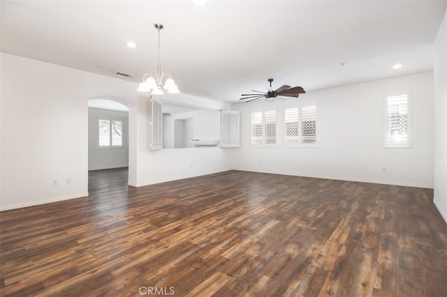 1171 Otano Way, Oxnard, CA 93030 - unfurnished living room with dark wood-style floors, arched walkways, a chandelier, recessed lighting, and ceiling fan