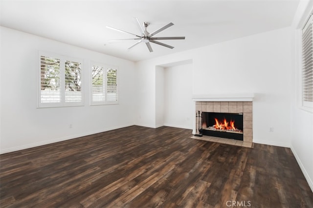1171 Otano Way, Oxnard, CA 93030 - unfurnished living room featuring a tile fireplace, wood finished floors, a ceiling fan, and baseboards