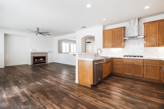 1171 Otano Way, Oxnard, CA 93030 - kitchen with stainless steel dishwasher, wall chimney range hood, a ceiling fan, a peninsula, and a sink