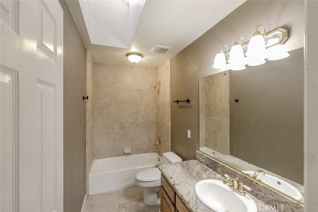 19355 Tomahawk Rd, Apple Valley, CA 92307 - bathroom with vanity, toilet, tile patterned flooring, shower / bathtub combination, and a chandelier