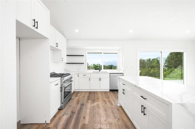 1563 Gary Ln, Redlands, CA 92374 - kitchen featuring stainless steel appliances, a sink, light stone countertops, light wood-type flooring, and white cabinets