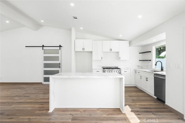 1563 Gary Ln, Redlands, CA 92374 - kitchen featuring stainless steel dishwasher, open shelves, a kitchen island, stove, and a sink