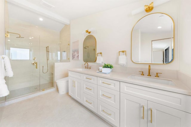 164 Cherry Ave, Carlsbad, CA 92008 - bathroom with double vanity, a stall shower, and recessed lighting