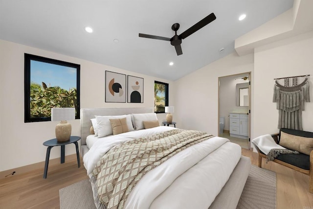 164 Cherry Ave, Carlsbad, CA 92008 - bedroom with lofted ceiling, light wood-style floors, recessed lighting, a ceiling fan, and ensuite bathroom