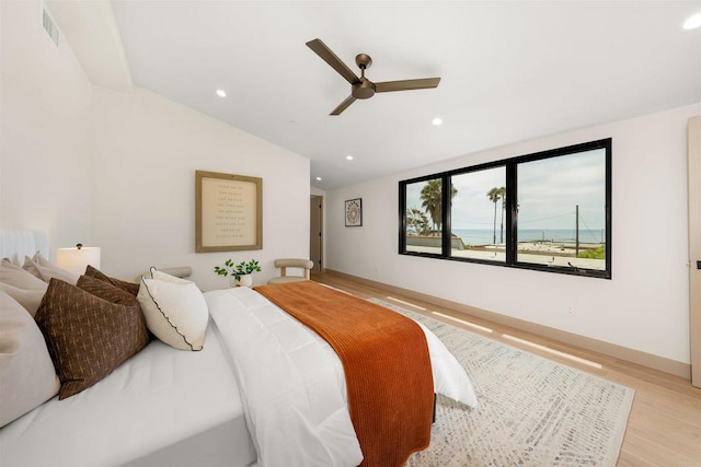 164 Cherry Ave, Carlsbad, CA 92008 - bedroom with light wood-type flooring, lofted ceiling, recessed lighting, and a ceiling fan