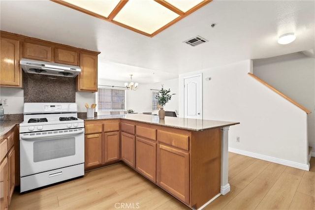 609 E Newmark Ave, Monterey Park, CA 91755 - kitchen featuring white gas range oven, under cabinet range hood, light wood finished floors, and a peninsula