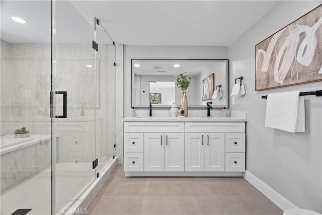 2014 Cumberland Rd, Glendora, CA 91741 - full bath with double vanity, a stall shower, tile patterned flooring, and recessed lighting