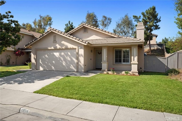 1324 Soundview Cir, Corona, CA 92881 - view of front of home with a garage, stucco siding, concrete driveway, a tiled roof, and a chimney