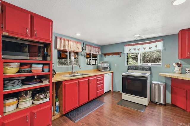 1529 Cloverdale Rd, Escondido, CA 92027 - kitchen with red cabinets, range with electric stovetop, a sink, dishwasher, and stainless steel microwave