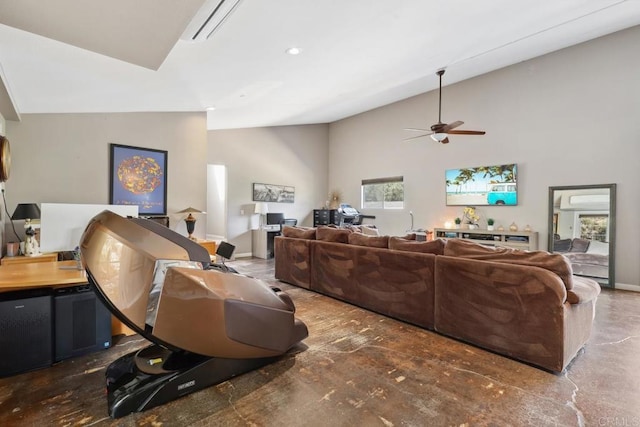 1529 Cloverdale Rd, Escondido, CA 92027 - living room featuring ceiling fan, high vaulted ceiling, and a wall mounted AC