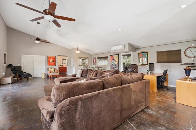 1529 Cloverdale Rd, Escondido, CA 92027 - living area featuring a desk, a ceiling fan, vaulted ceiling, concrete flooring, and a wall mounted AC