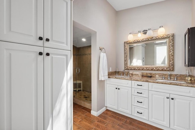 1529 Cloverdale Rd, Escondido, CA 92027 - full bathroom with a stall shower, double vanity, and wood tiled floors