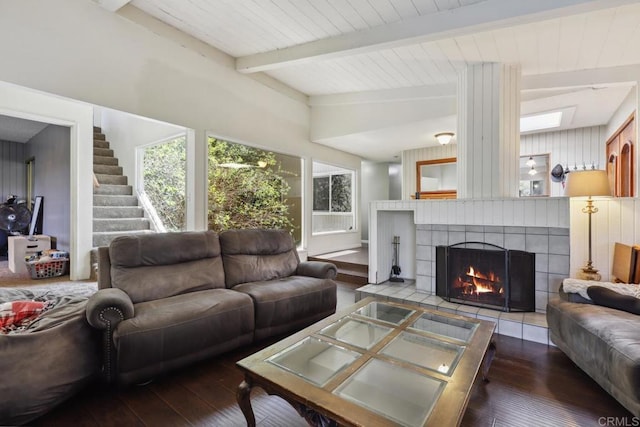 1529 Cloverdale Rd, Escondido, CA 92027 - living room with hardwood / wood-style flooring, beamed ceiling, a fireplace, and stairs