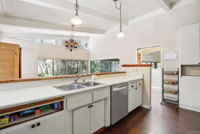 1529 Cloverdale Rd, Escondido, CA 92027 - kitchen with stainless steel dishwasher, a sink, beam ceiling, light countertops, and dark wood finished floors