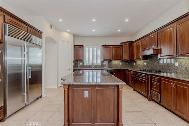 211 Franklin Ave, Redlands, CA 92373 - kitchen featuring black appliances, a sink, light tile patterned flooring, decorative backsplash, and recessed lighting