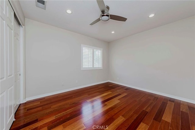 211 Franklin Ave, Redlands, CA 92373 - unfurnished bedroom featuring baseboards, wood finished floors, recessed lighting, a closet, and a ceiling fan