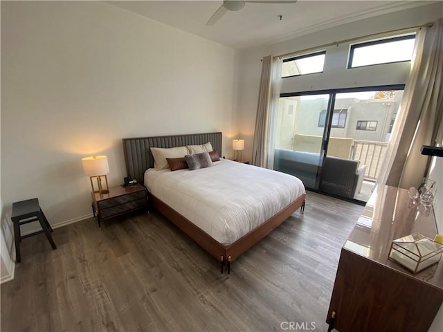 17722 Sergio Cir Unit 203, Huntington Beach, CA 92647 - bedroom with wood finished floors, ceiling fan, baseboards, and access to outside