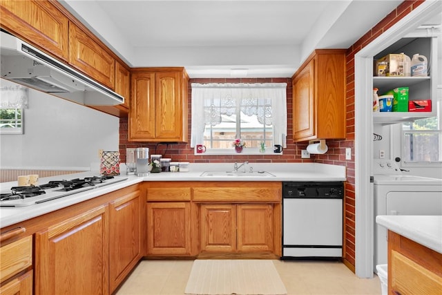 1426 E Colver Pl, Covina, CA 91724 - kitchen with white appliances, exhaust hood, a sink, light countertops, and tasteful backsplash