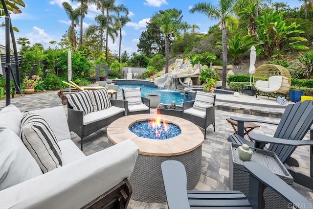 4520 Tarantella Ln, San Diego, CA 92130 - view of patio / terrace with an outdoor living space with a fire pit and a pool with connected hot tub