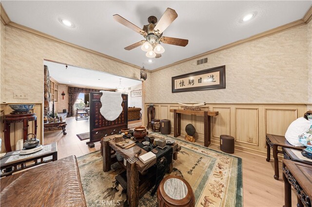 2360 Oakleaf Canyon Rd, Walnut, CA 91789 - living room with ornamental molding, a ceiling fan, a wainscoted wall, light wood finished floors, and a decorative wall