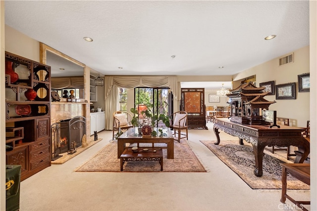 2360 Oakleaf Canyon Rd, Walnut, CA 91789 - carpeted living area with a chandelier, a lit fireplace, and recessed lighting