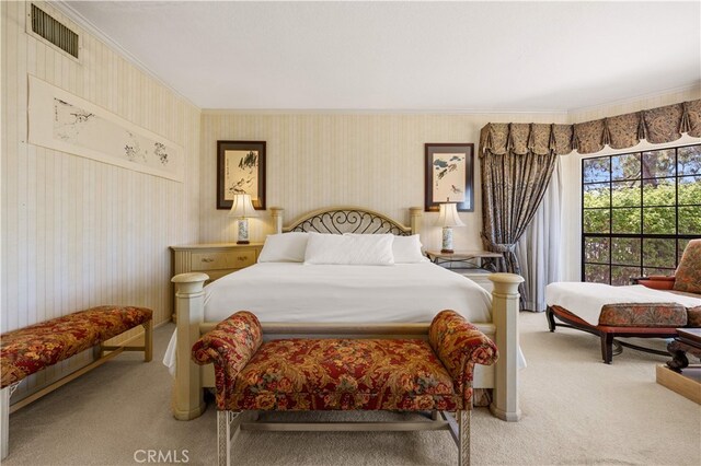 2360 Oakleaf Canyon Rd, Walnut, CA 91789 - carpeted bedroom featuring wallpapered walls and crown molding