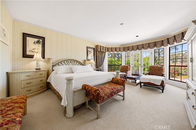 2360 Oakleaf Canyon Rd, Walnut, CA 91789 - bedroom featuring light carpet, crown molding, and wallpapered walls