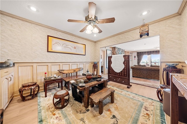 2360 Oakleaf Canyon Rd, Walnut, CA 91789 - living area featuring ornamental molding, light wood-style floors, ceiling fan, a decorative wall, and wainscoting