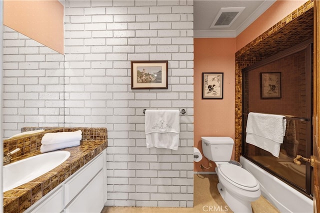 2360 Oakleaf Canyon Rd, Walnut, CA 91789 - bathroom featuring crown molding, toilet, vanity, and shower / bath combination