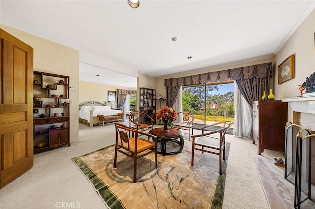 2360 Oakleaf Canyon Rd, Walnut, CA 91789 - dining area with light carpet, a fireplace, and crown molding