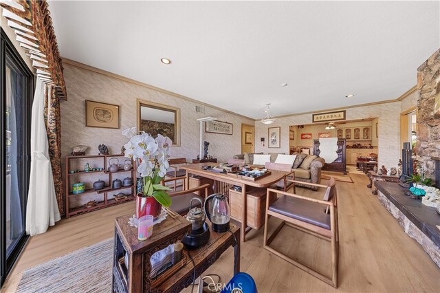 2360 Oakleaf Canyon Rd, Walnut, CA 91789 - living room with wood finished floors, ornamental molding, wallpapered walls, and recessed lighting