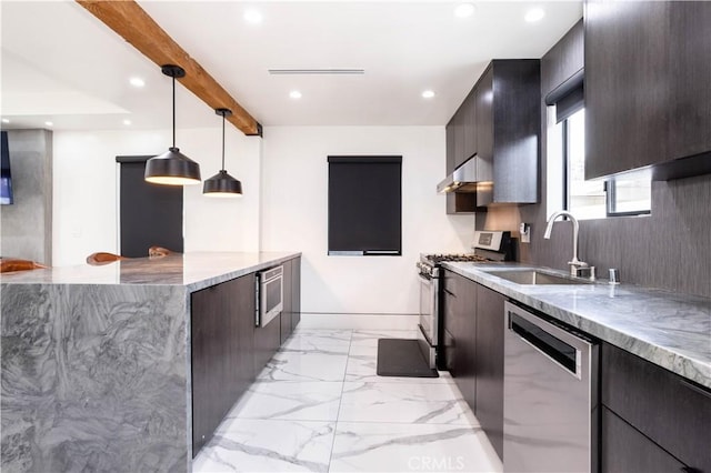22940 Sherman Way, West Hills, CA 91307 - kitchen with stainless steel appliances, modern cabinets, recessed lighting, a sink, and light marble finish flooring
