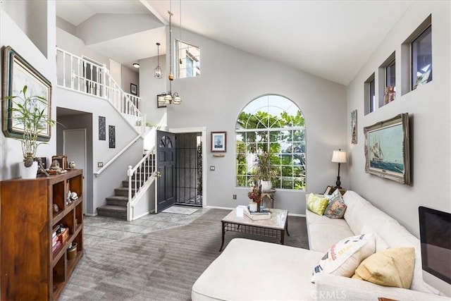 31488 Hallwood Ct, Menifee, CA 92584 - carpeted living area featuring high vaulted ceiling, stairway, and baseboards