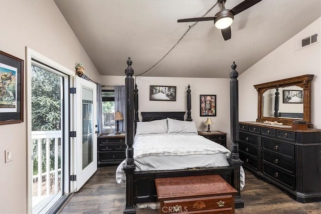 31488 Hallwood Ct, Menifee, CA 92584 - bedroom featuring lofted ceiling, multiple windows, dark wood finished floors, access to outside, and a ceiling fan