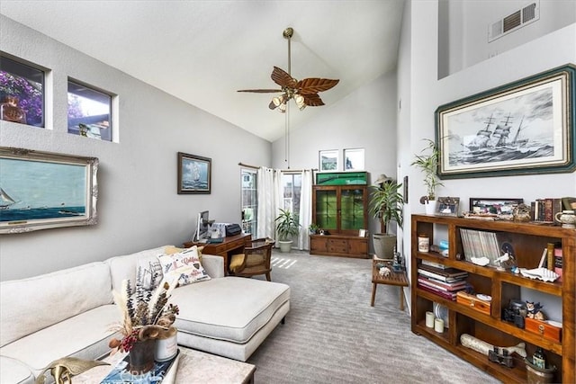 31488 Hallwood Ct, Menifee, CA 92584 - carpeted living room with a ceiling fan and high vaulted ceiling