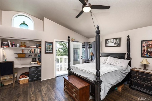 31488 Hallwood Ct, Menifee, CA 92584 - bedroom featuring vaulted ceiling, access to outside, dark wood-style floors, french doors, and ceiling fan