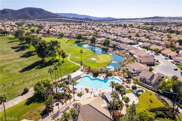 1574 Litchfield Ct, Banning, CA 92220 - aerial view of residential area with a water and mountain view, a pool, and a golf course