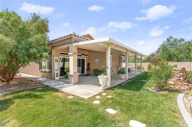 1574 Litchfield Ct, Banning, CA 92220 - back of house with a ceiling fan, stucco siding, and a patio area