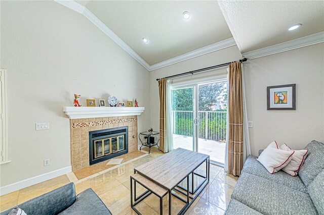 13184 Spire Cir, Chino Hills, CA 91709 - living room with a fireplace, ornamental molding, light tile patterned floors, lofted ceiling, and baseboards