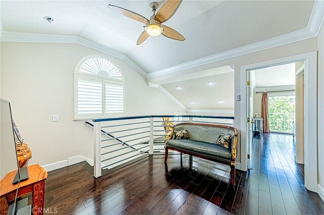 13184 Spire Cir, Chino Hills, CA 91709 - living area featuring an upstairs landing, a ceiling fan, hardwood / wood-style floors, lofted ceiling, and baseboards
