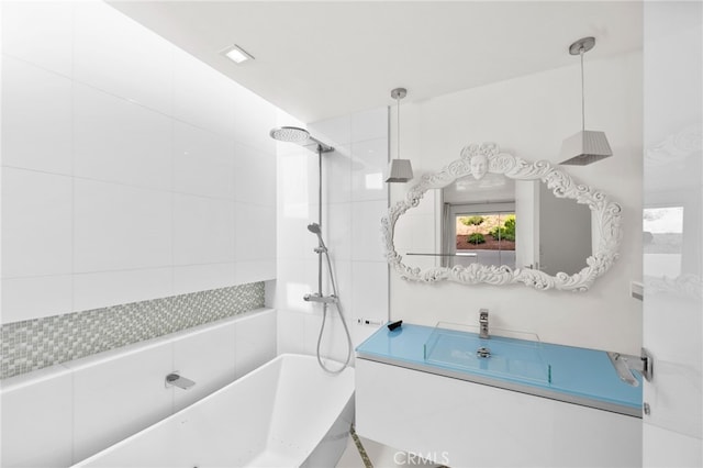 1046 N Hillcrest Rd, Beverly Hills, CA 90210 - bathroom with vanity, a tile shower, and a tub to relax in